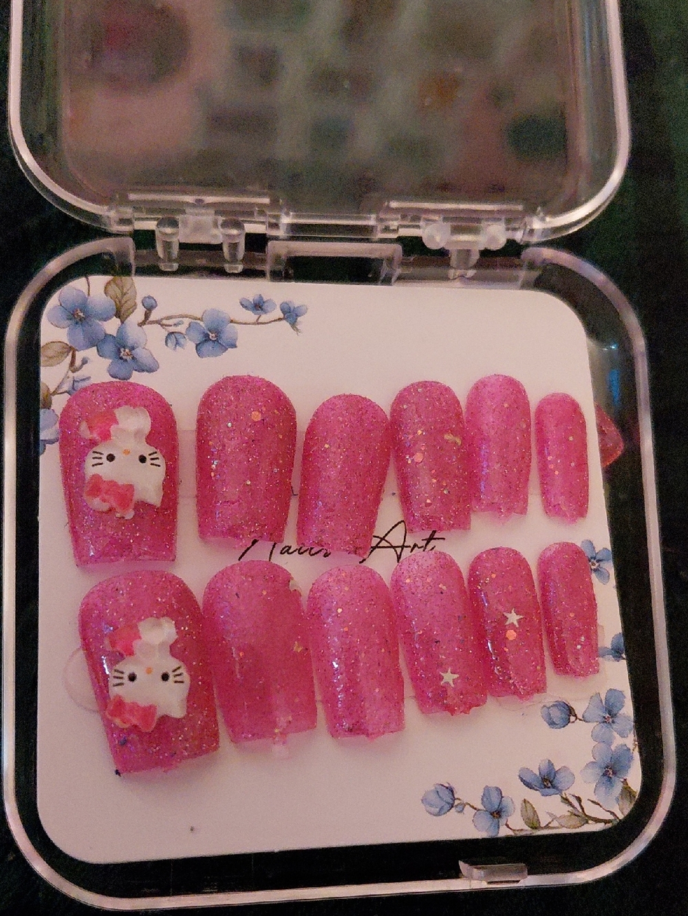 Glitter Pink Press-On Nails with Cute Cat Accent